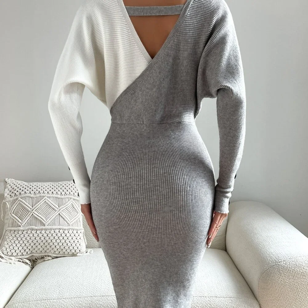 Grey Elegant Women's Two Tone Cuff Rib-Knit Cut Out Back Sweater Dress - Picture 2 of 6